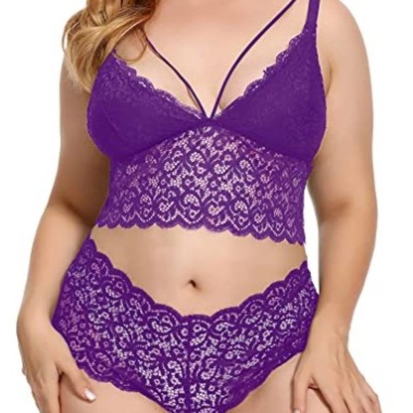 Women's Plus Size Purple Lace Mesh Floral Underbust Band Bra Panty Lingerie Set - Picture 4 of 5